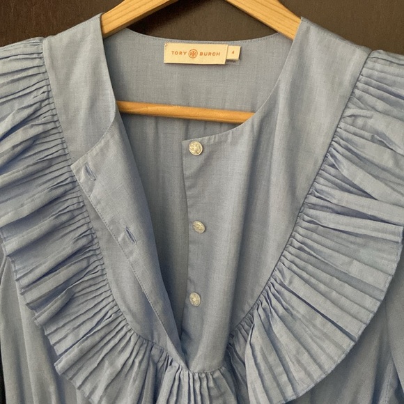 Tory Burch Smocked Cotton Midi Dress Ruffled Yoke Size 4 Blue - Picture 7 of 8